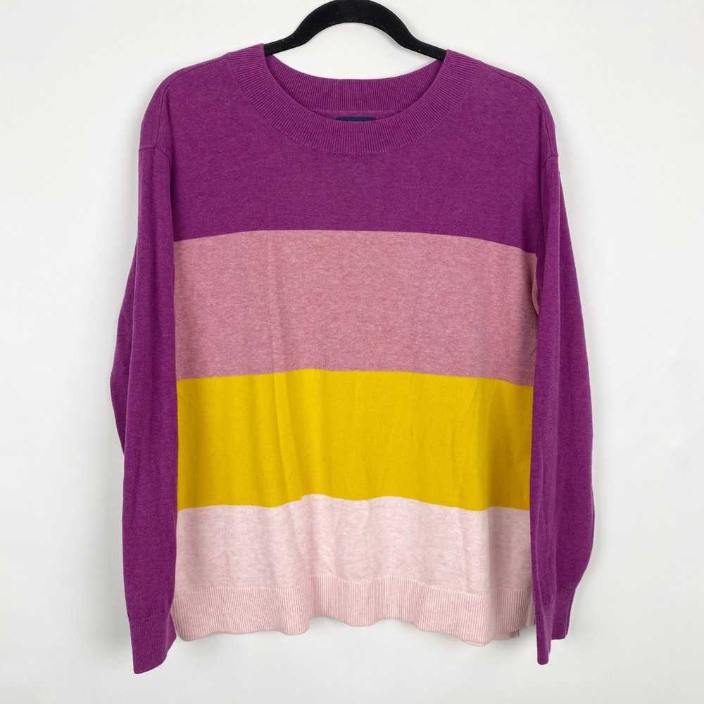 Lands End Colorblock Striped Cotton Crewneck Sweater Womens‎ Large Purple Pink